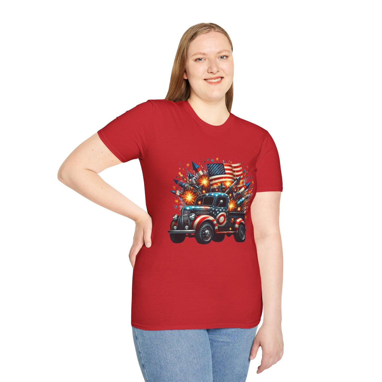 Vintage American Flag Truck T-Shirt - Unisex Softstyle Tee for Independence Day & Patriotic Celebrations
