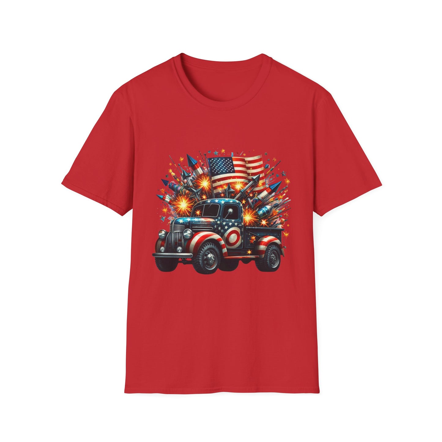 Vintage American Flag Truck T-Shirt - Unisex Softstyle Tee for Independence Day & Patriotic Celebrations