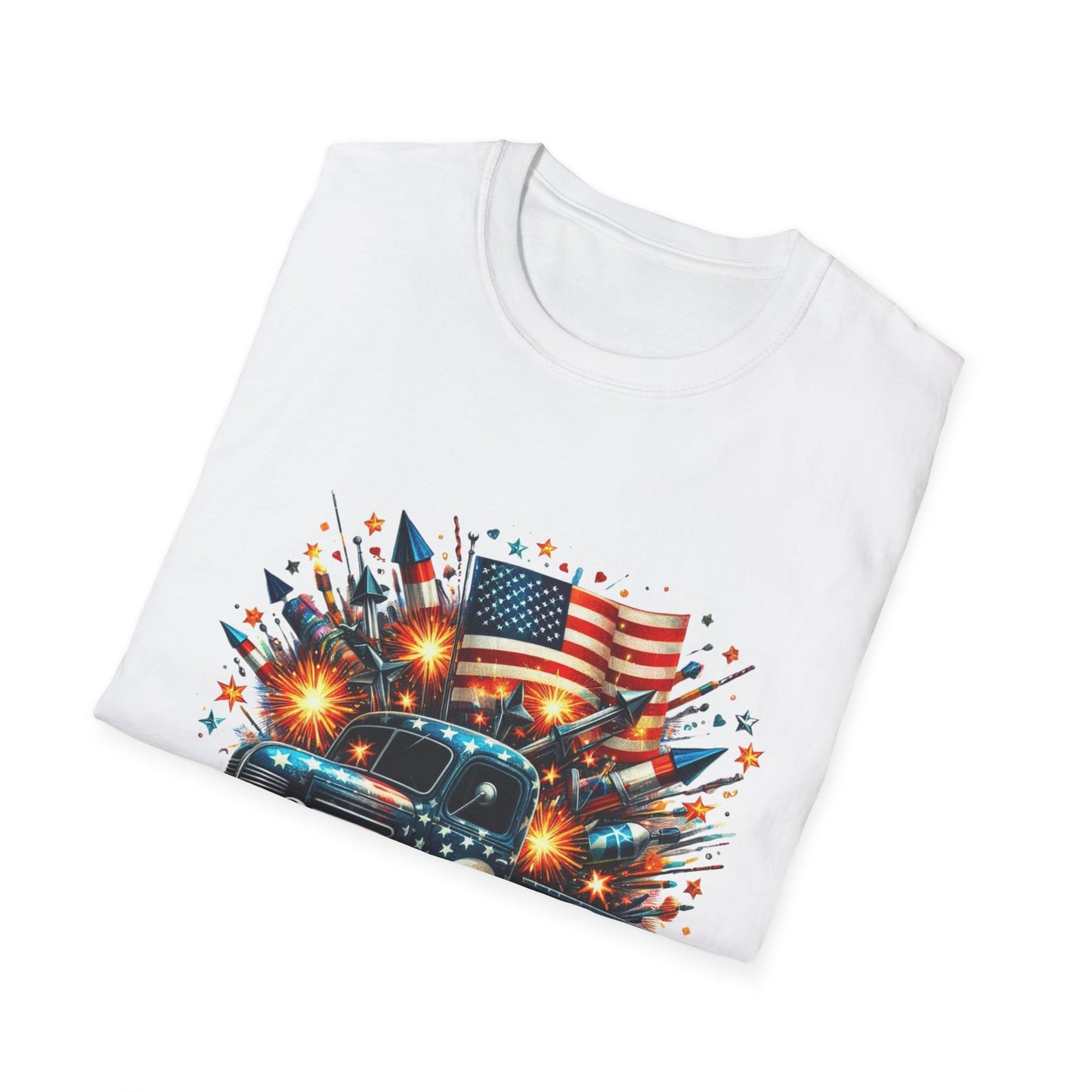 Vintage American Flag Truck T-Shirt - Unisex Softstyle Tee for Independence Day & Patriotic Celebrations