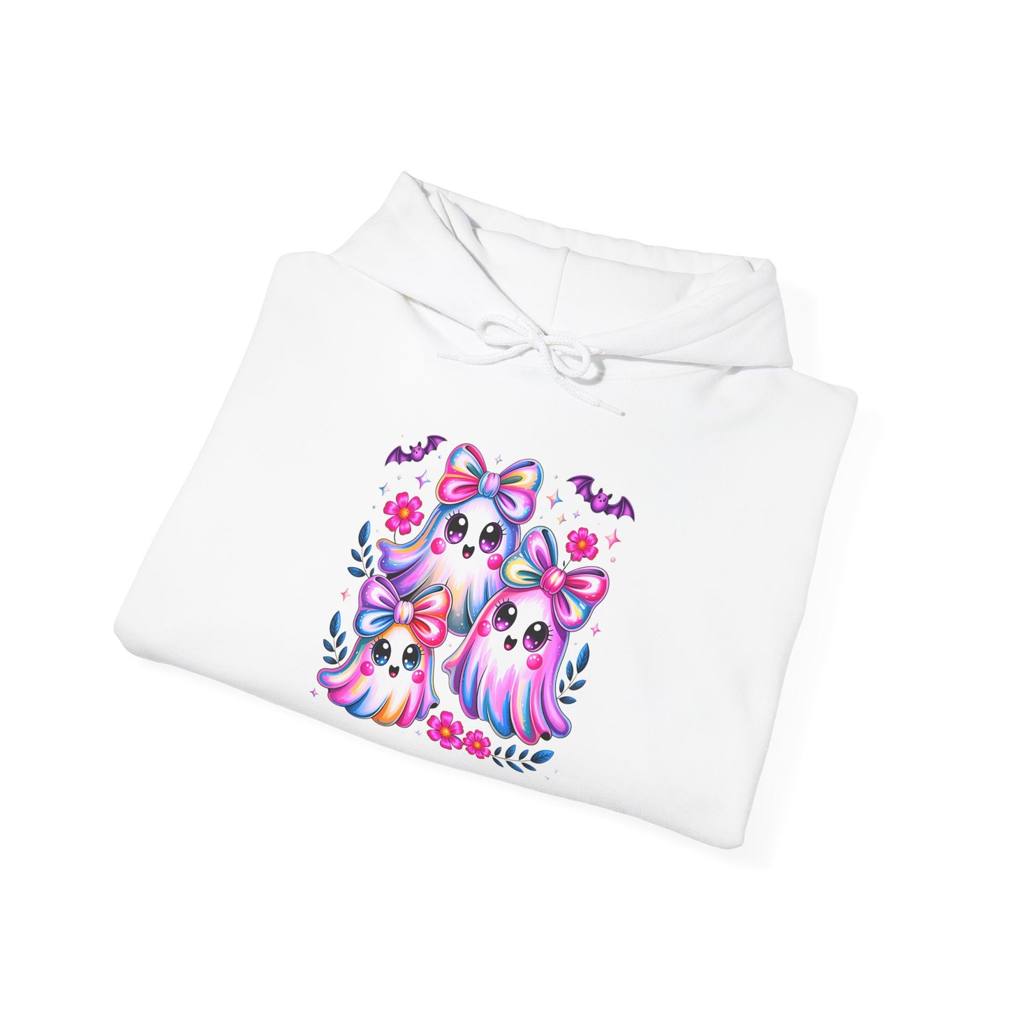 Colorful Cute Ghosts Hooded Sweatshirt, Comfy Hoodie, Fall Apparel, Halloween Costume, Cozy Sweater, Gift for Ghost Lovers