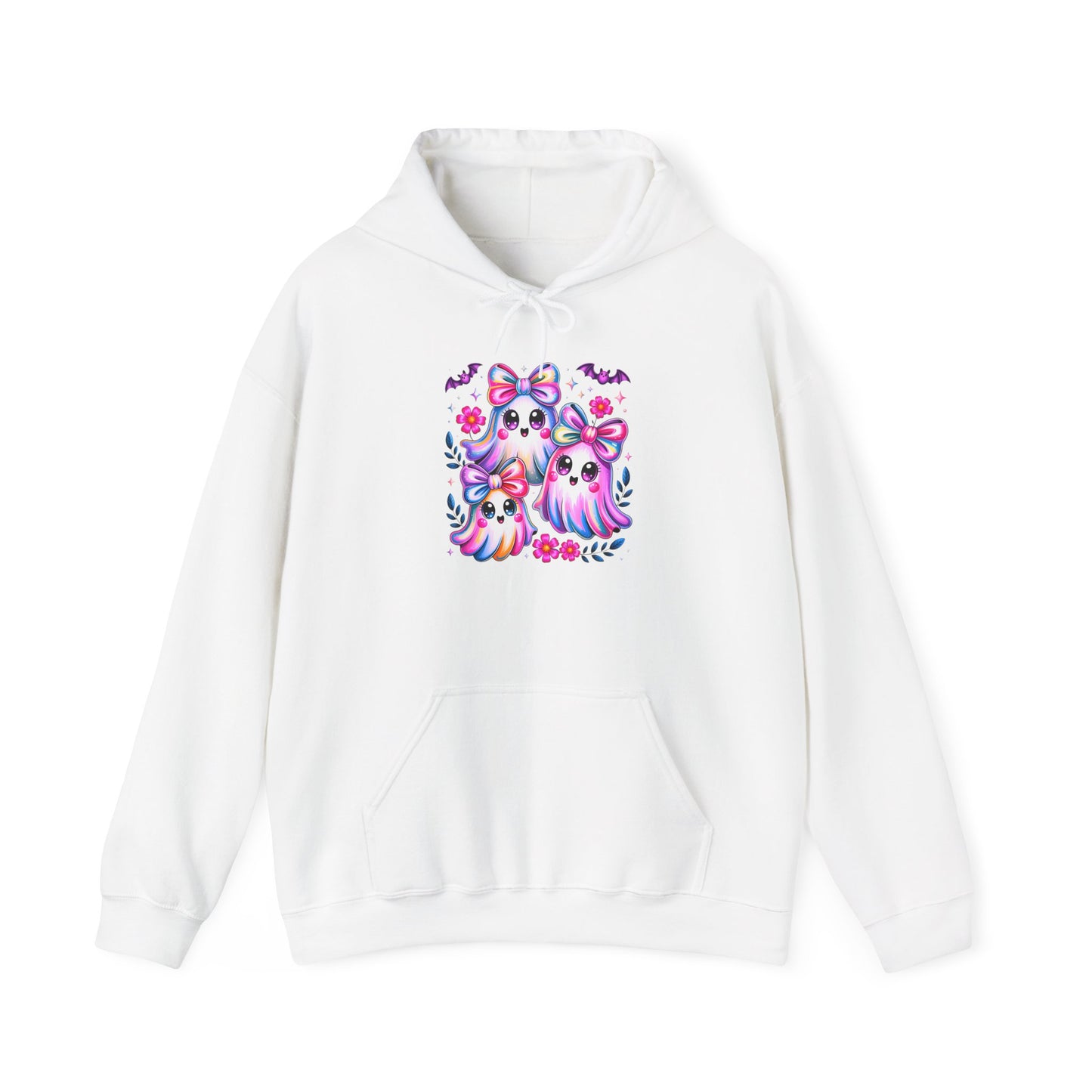 Colorful Cute Ghosts Hooded Sweatshirt, Comfy Hoodie, Fall Apparel, Halloween Costume, Cozy Sweater, Gift for Ghost Lovers