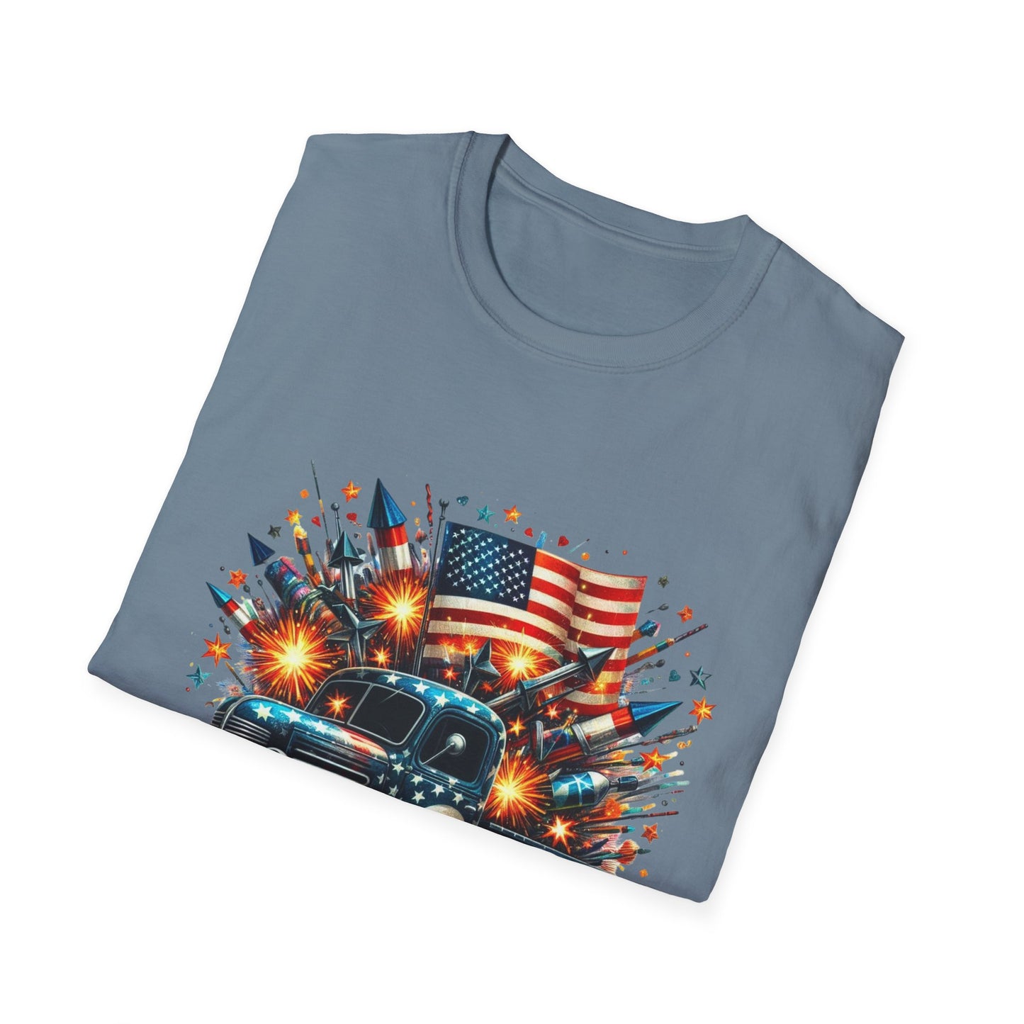 Vintage American Flag Truck T-Shirt - Unisex Softstyle Tee for Independence Day & Patriotic Celebrations