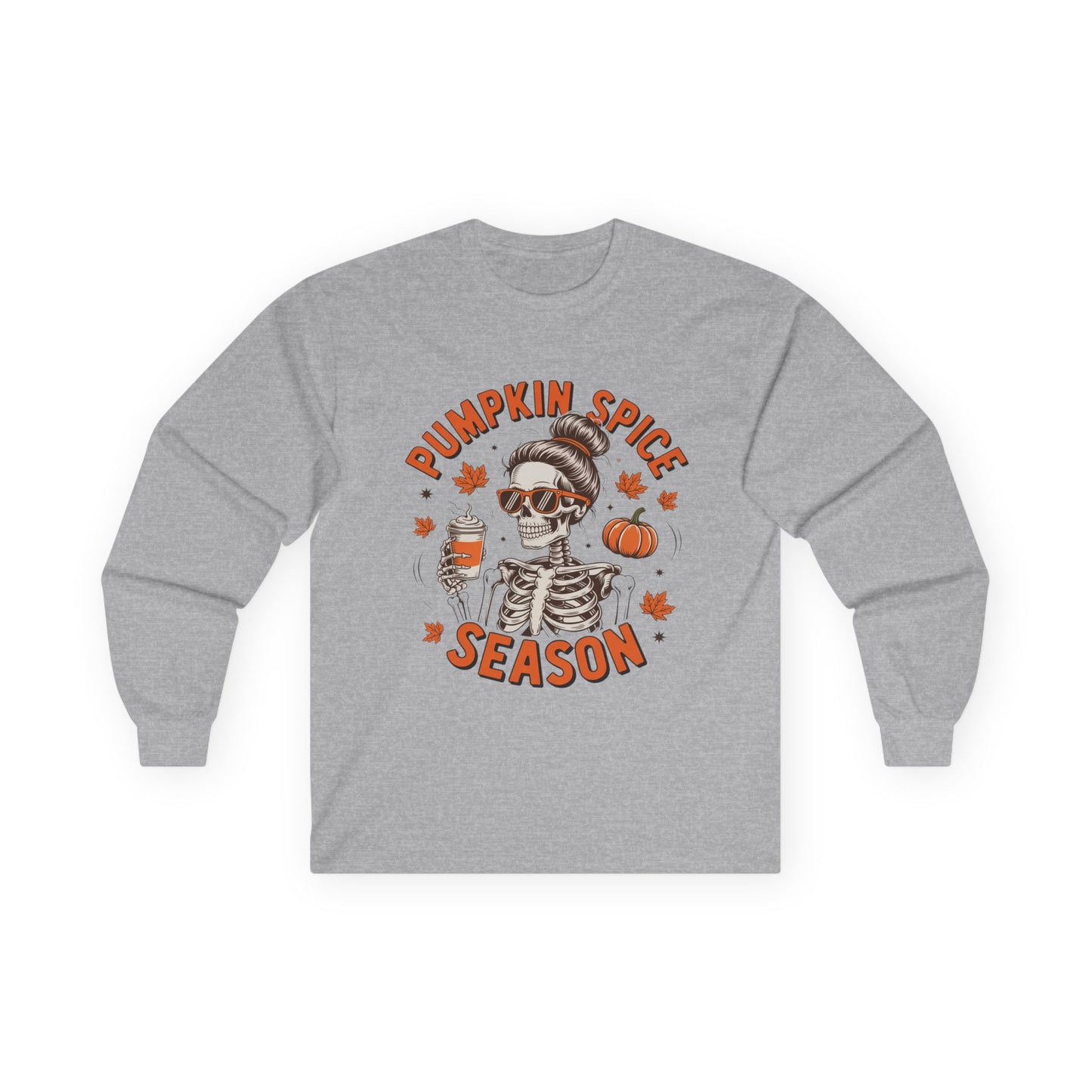 Pumpkin Spice Long Sleeve Tee, Halloween Apparel, Fall Fashion, Cozy Tee, Skeleton Shirt, Gift for Pumpkin Lovers