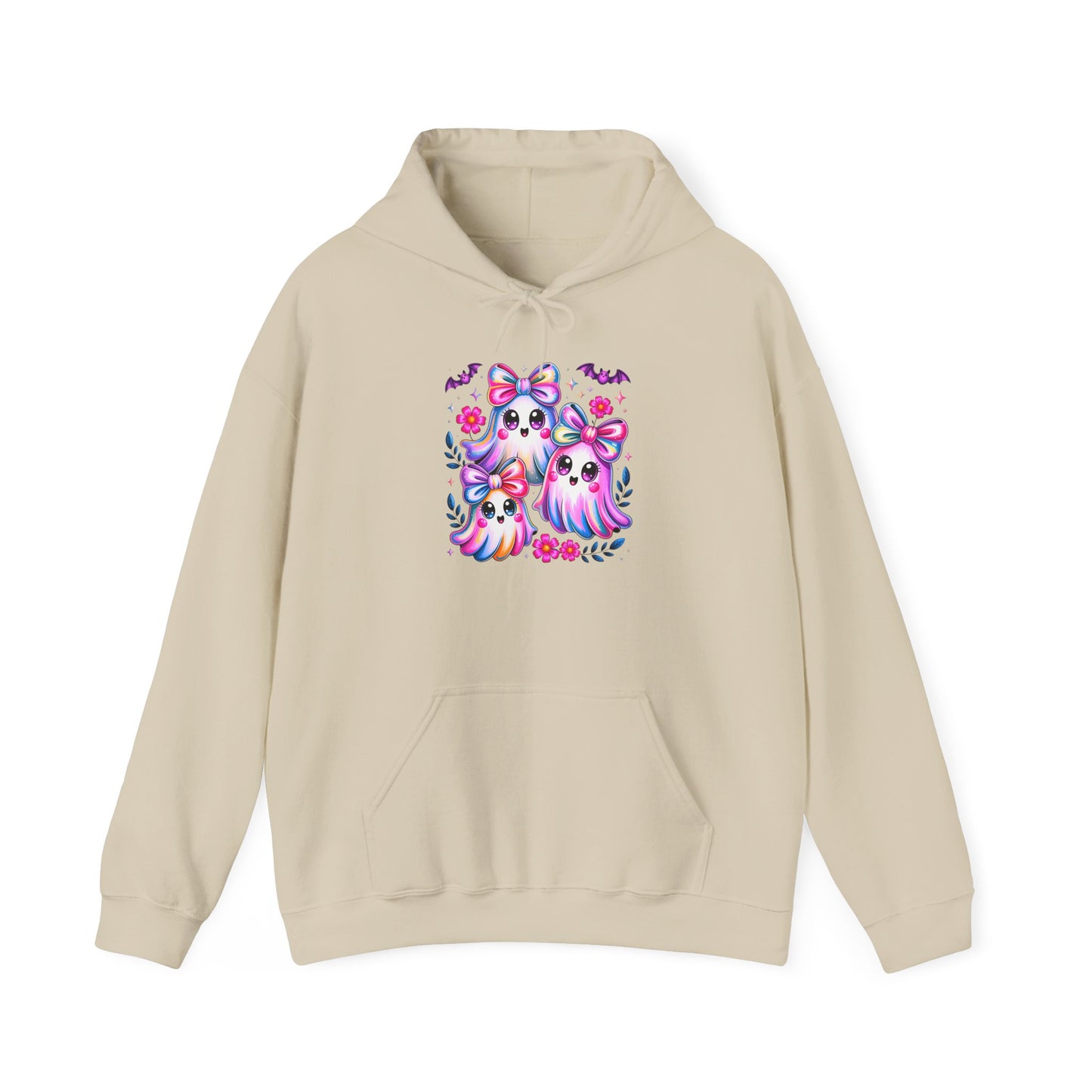 Colorful Cute Ghosts Hooded Sweatshirt, Comfy Hoodie, Fall Apparel, Halloween Costume, Cozy Sweater, Gift for Ghost Lovers