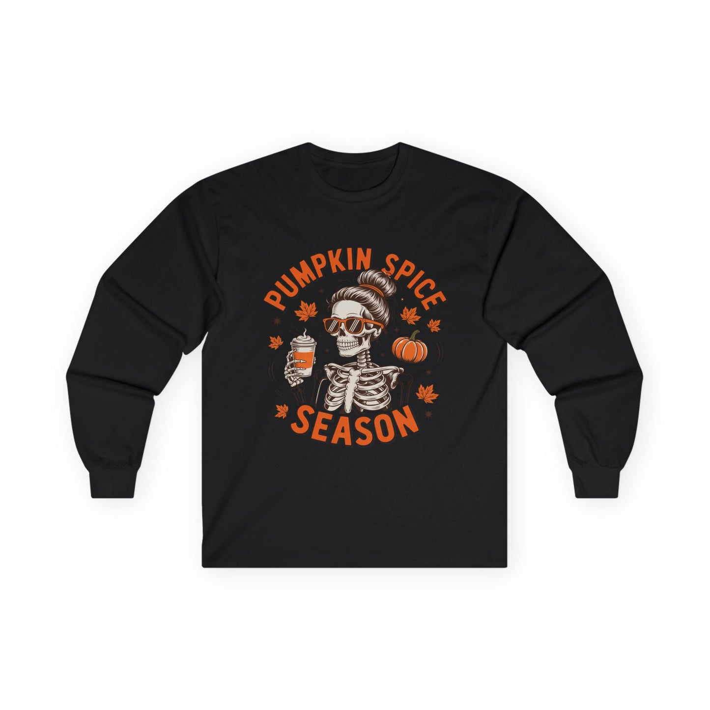 Pumpkin Spice Long Sleeve Tee, Halloween Apparel, Fall Fashion, Cozy Tee, Skeleton Shirt, Gift for Pumpkin Lovers