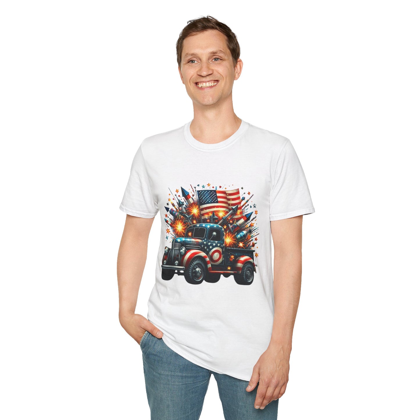 Vintage American Flag Truck T-Shirt - Unisex Softstyle Tee for Independence Day & Patriotic Celebrations