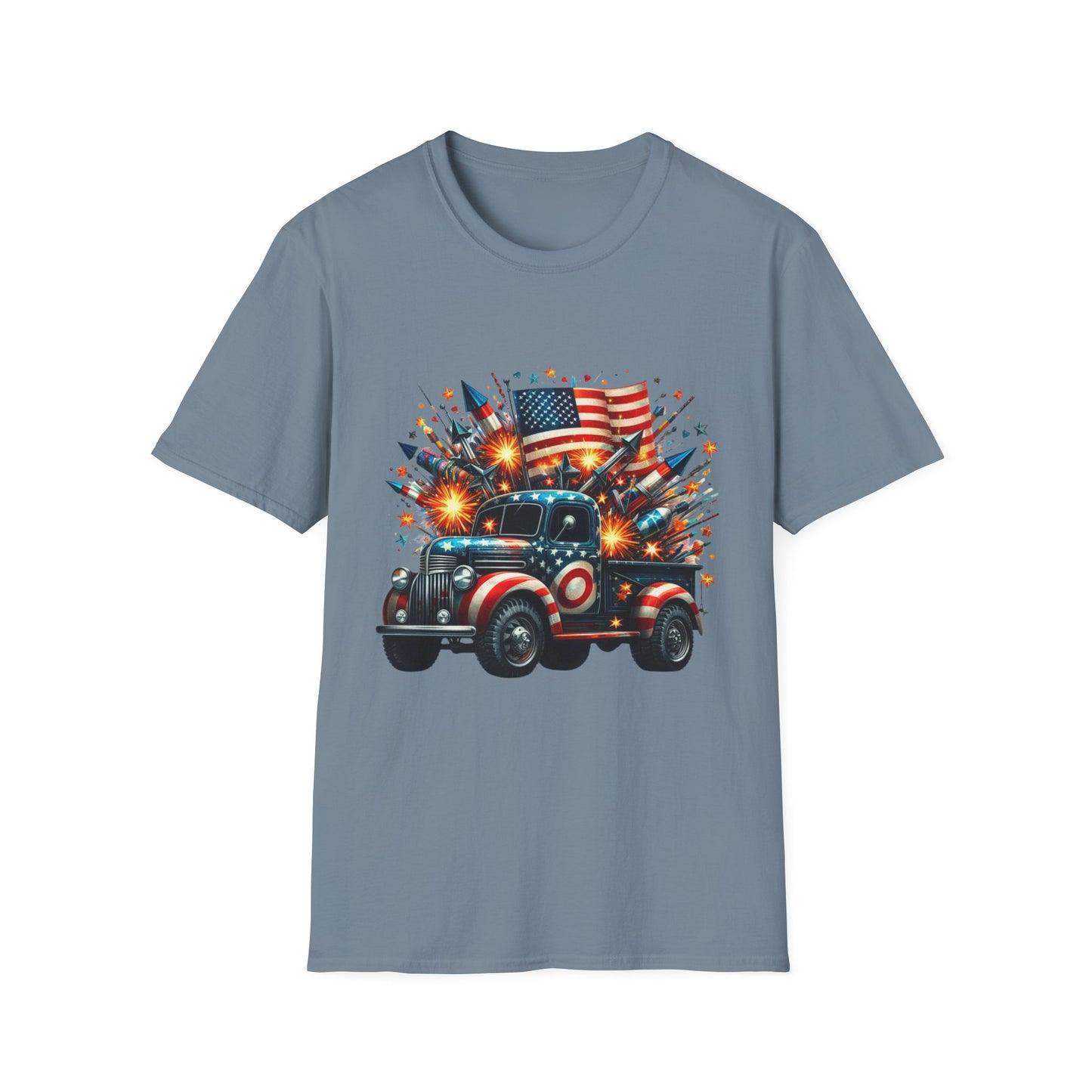 Vintage American Flag Truck T-Shirt - Unisex Softstyle Tee for Independence Day & Patriotic Celebrations