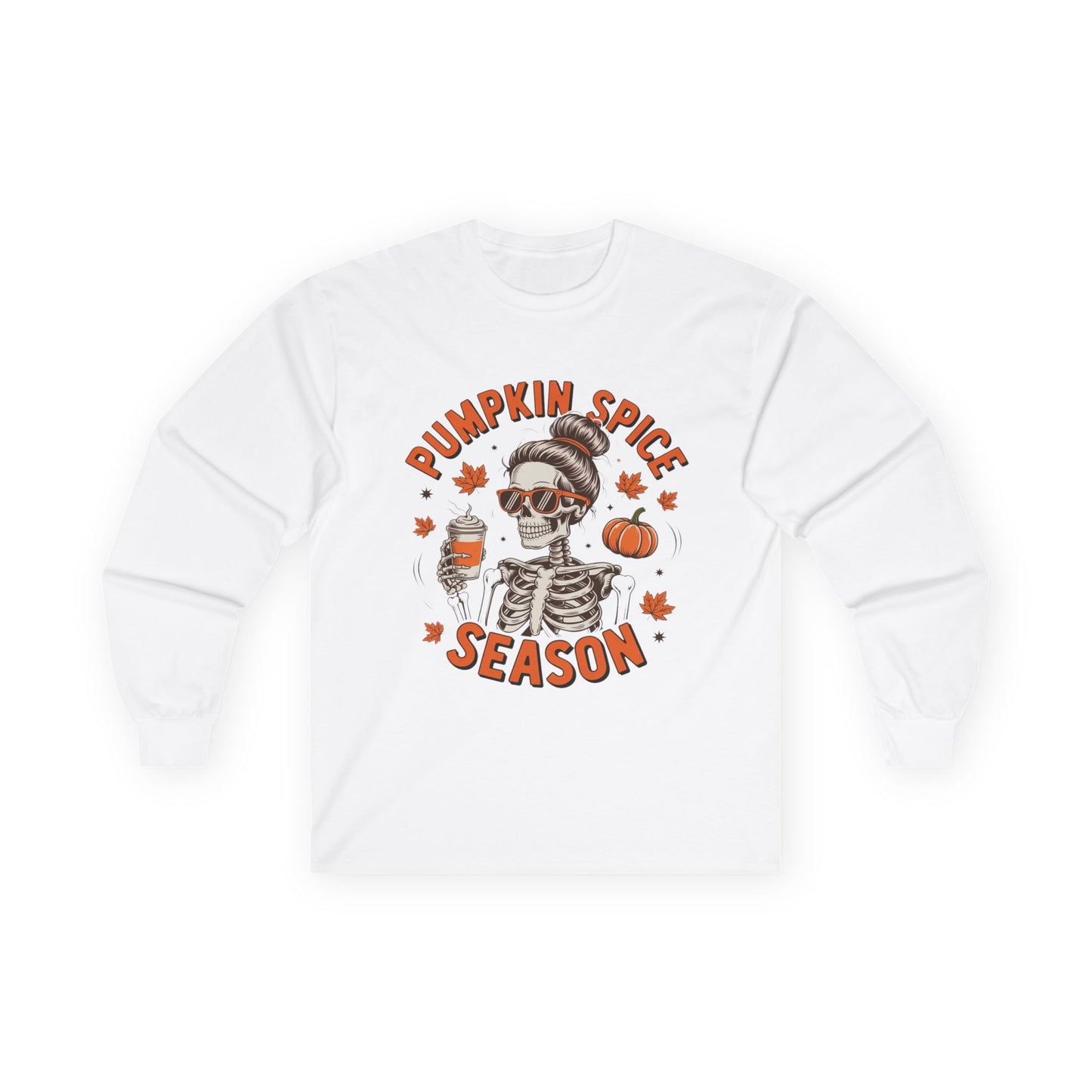 Pumpkin Spice Long Sleeve Tee, Halloween Apparel, Fall Fashion, Cozy Tee, Skeleton Shirt, Gift for Pumpkin Lovers