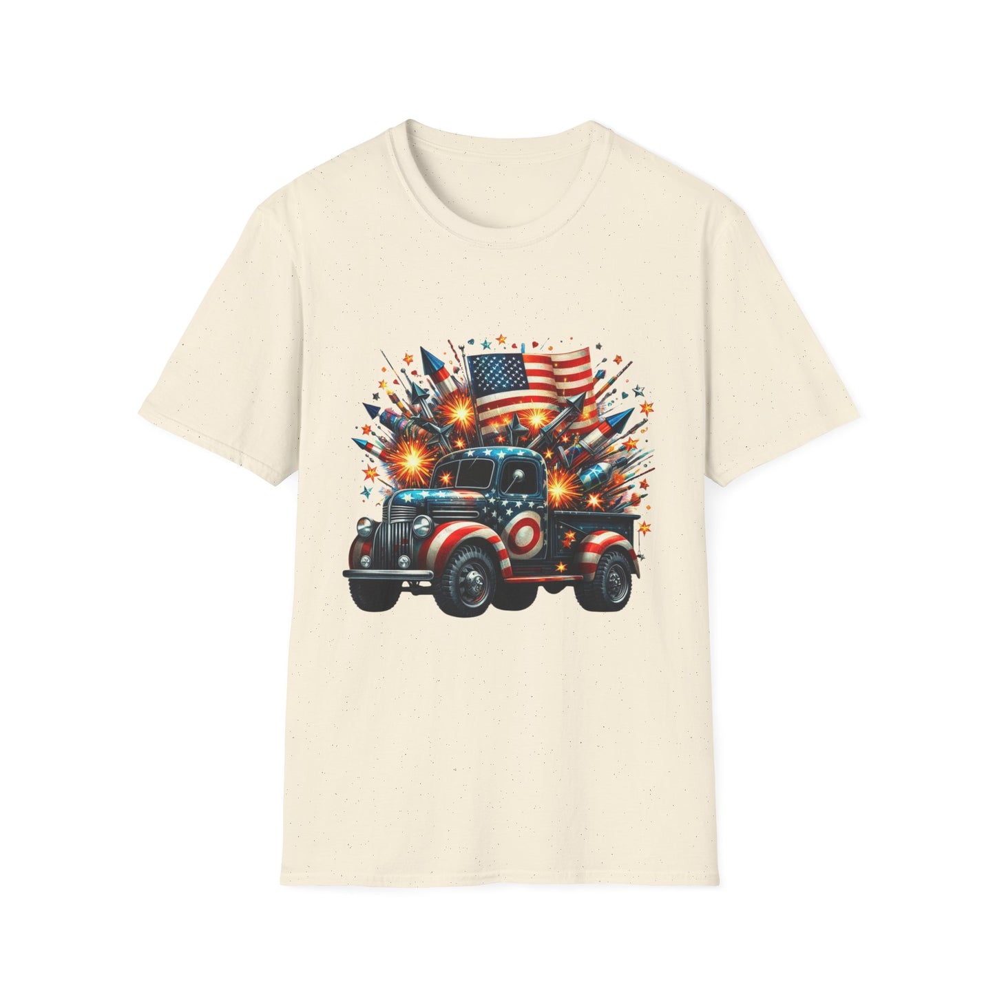 Vintage American Flag Truck T-Shirt - Unisex Softstyle Tee for Independence Day & Patriotic Celebrations