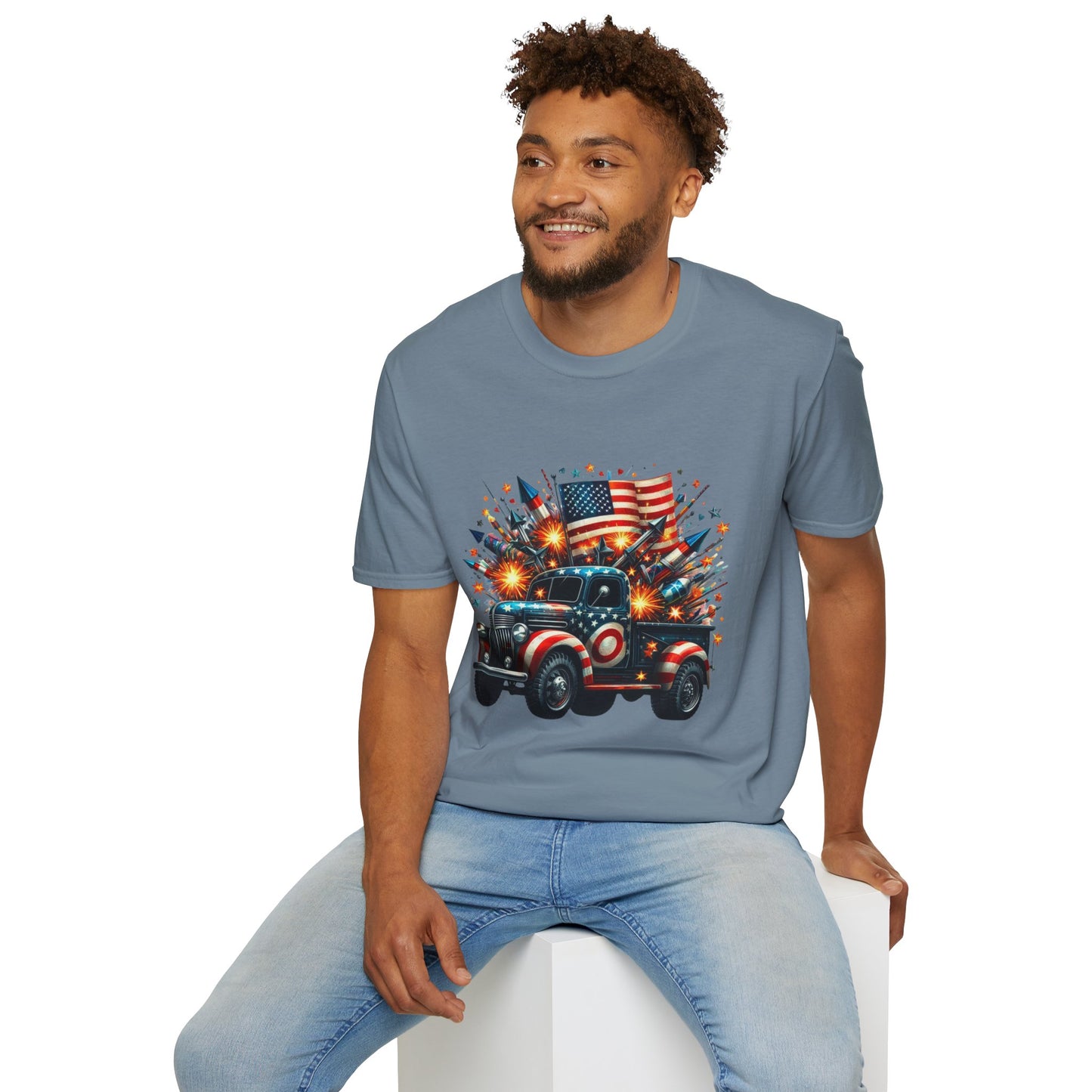 Vintage American Flag Truck T-Shirt - Unisex Softstyle Tee for Independence Day & Patriotic Celebrations