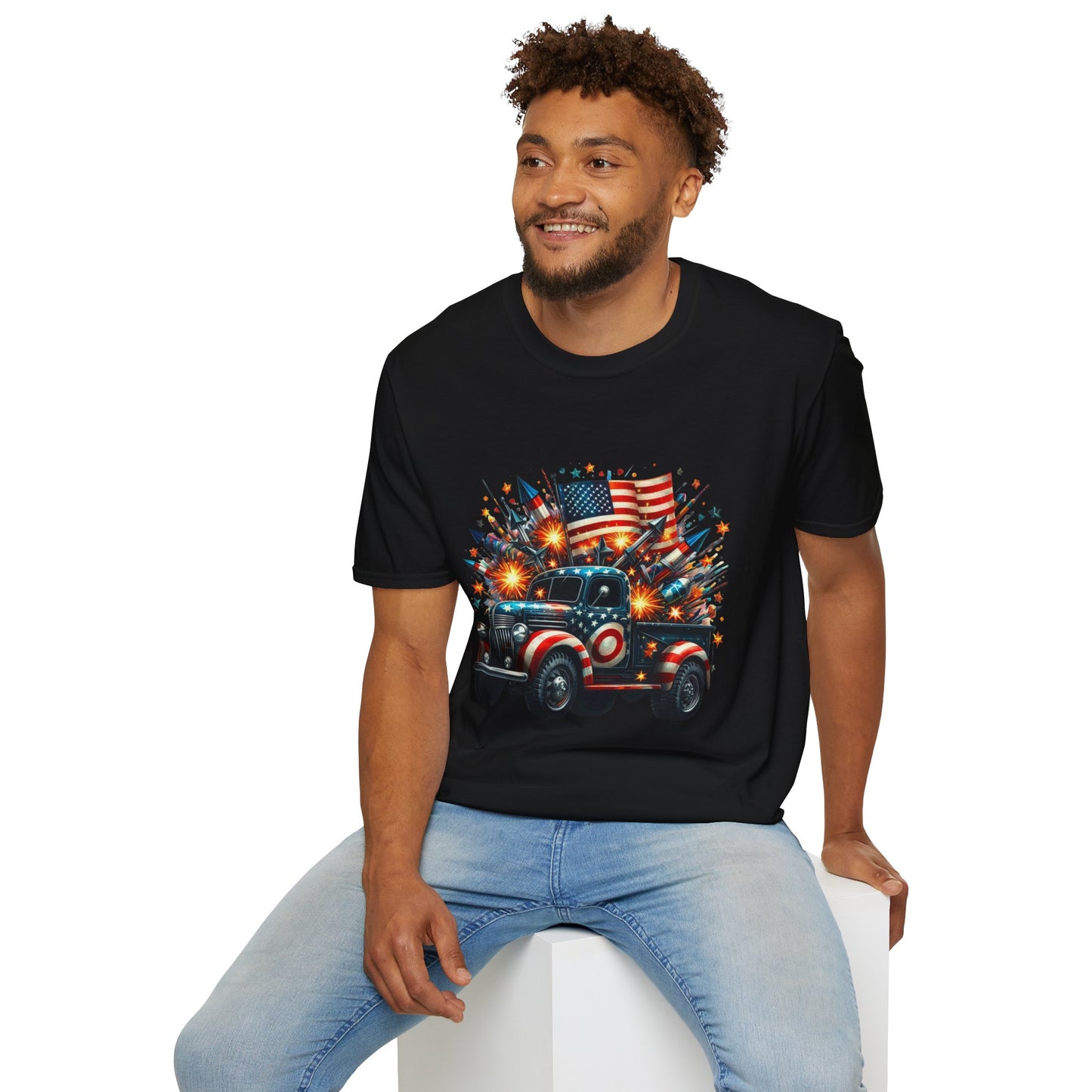 Vintage American Flag Truck T-Shirt - Unisex Softstyle Tee for Independence Day & Patriotic Celebrations