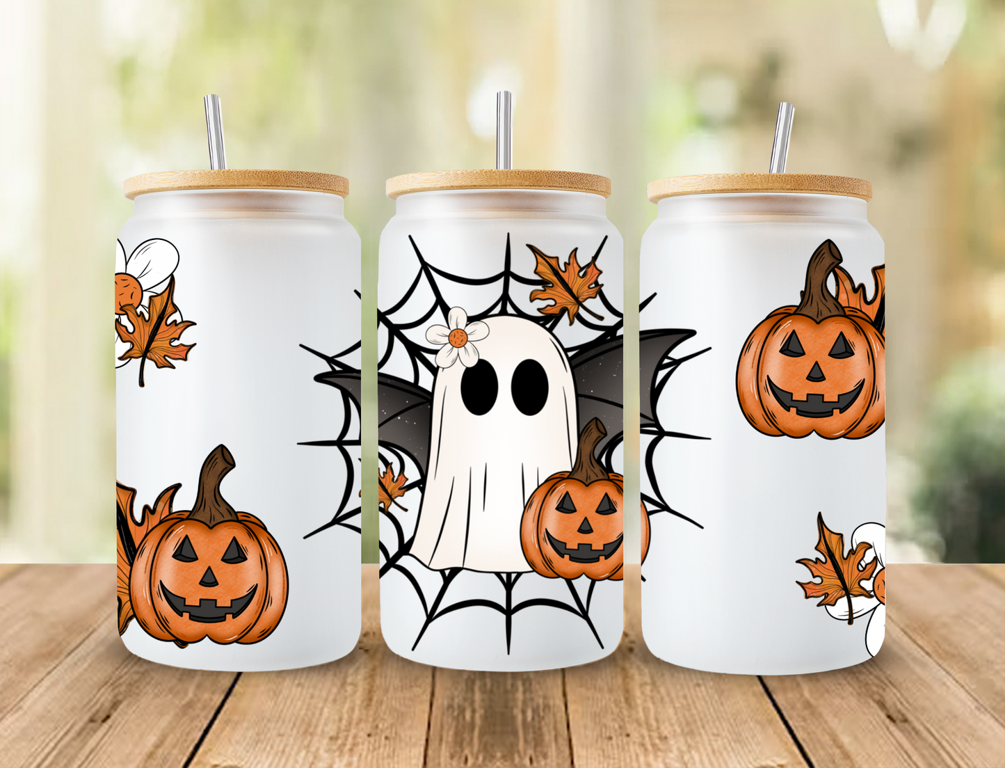 Halloween Season 16oz Frosted Glass Can with Lid and Straw