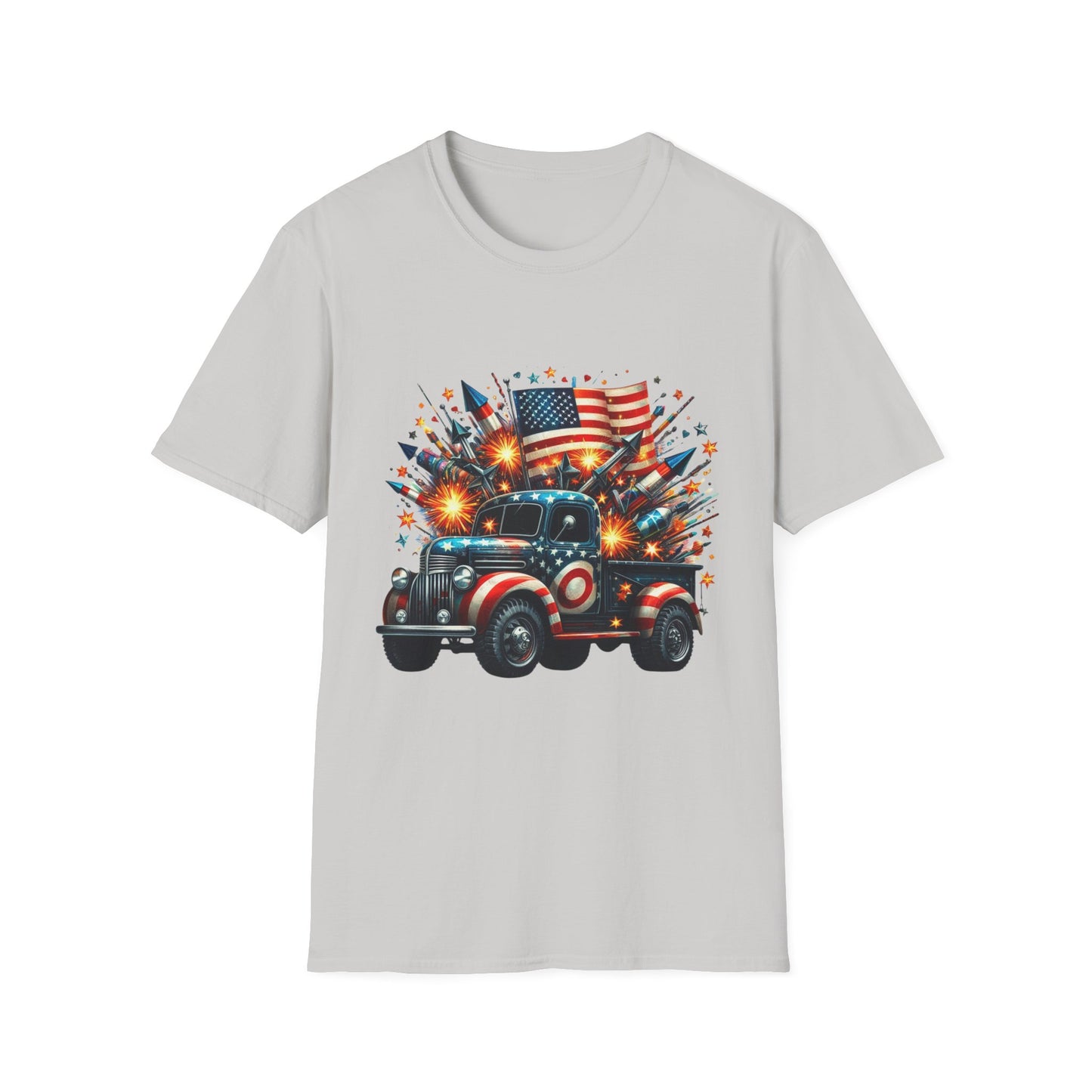 Vintage American Flag Truck T-Shirt - Unisex Softstyle Tee for Independence Day & Patriotic Celebrations