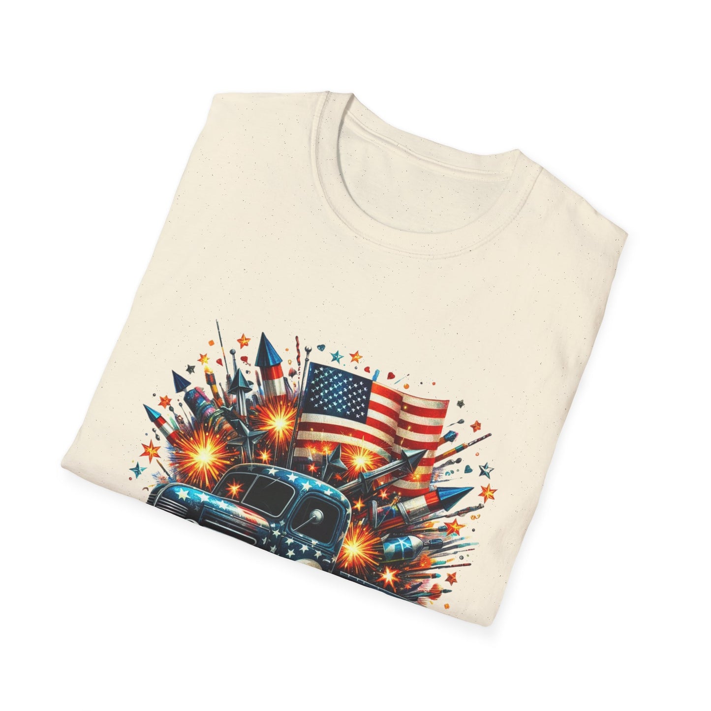 Vintage American Flag Truck T-Shirt - Unisex Softstyle Tee for Independence Day & Patriotic Celebrations