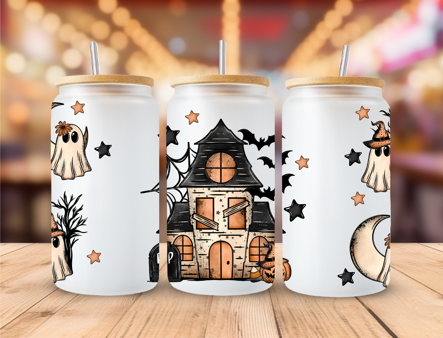 Halloween Season 16oz Frosted Glass Can with Lid and Straw
