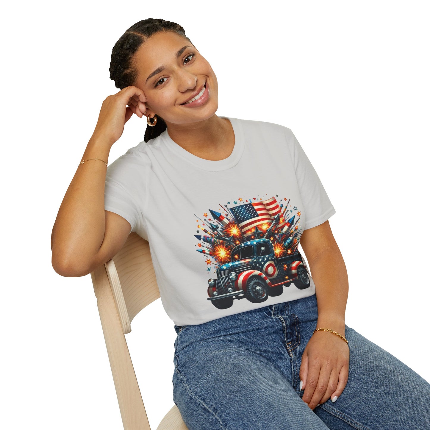 Vintage American Flag Truck T-Shirt - Unisex Softstyle Tee for Independence Day & Patriotic Celebrations