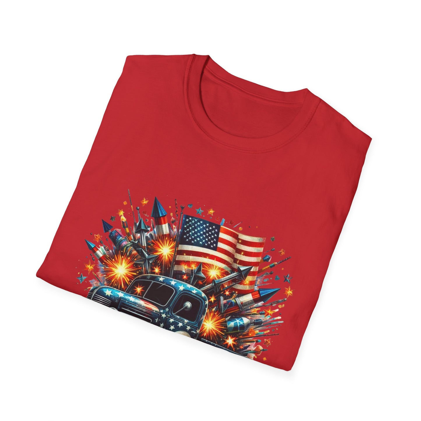 Vintage American Flag Truck T-Shirt - Unisex Softstyle Tee for Independence Day & Patriotic Celebrations