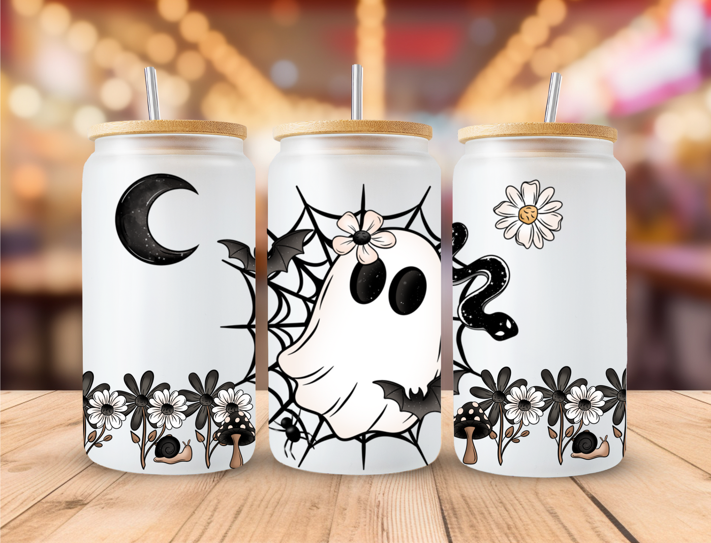 Halloween Season 16oz Frosted Glass Can with Lid and Straw