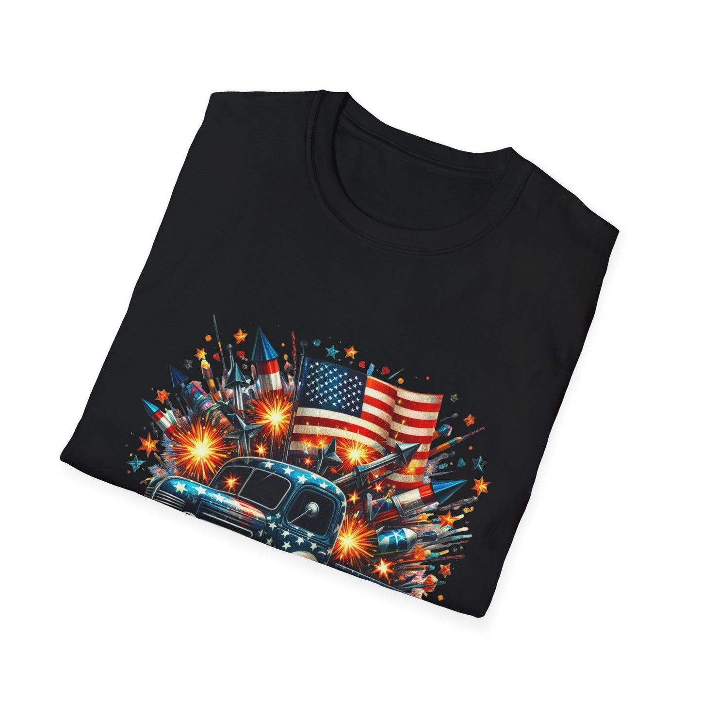 Vintage American Flag Truck T-Shirt - Unisex Softstyle Tee for Independence Day & Patriotic Celebrations