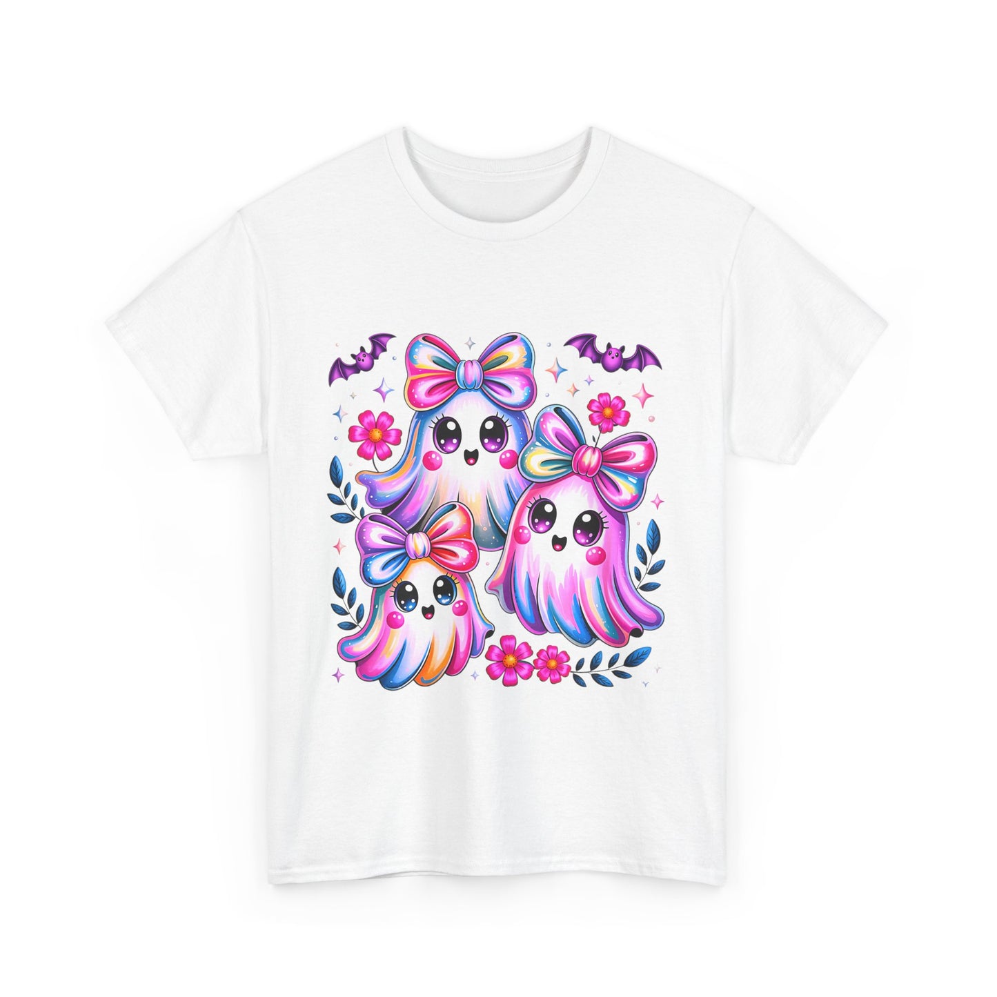 Colorful Ghosts Unisex Heavy Cotton Tee, Cute Halloween Shirt, Kawaii Apparel, Gift for Ghost Lovers, Fun Fall Fashion, Spooky Vibes
