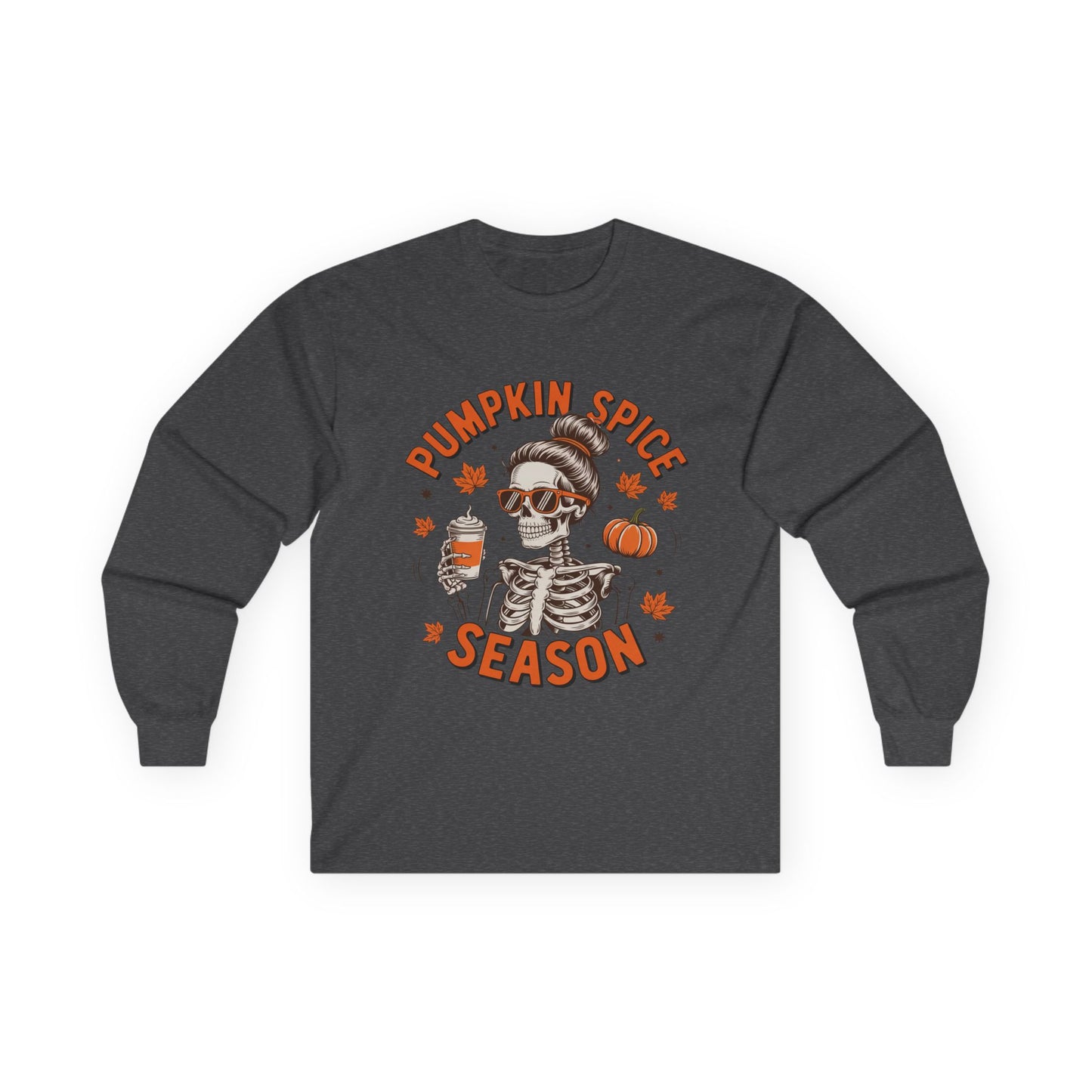 Pumpkin Spice Long Sleeve Tee, Halloween Apparel, Fall Fashion, Cozy Tee, Skeleton Shirt, Gift for Pumpkin Lovers