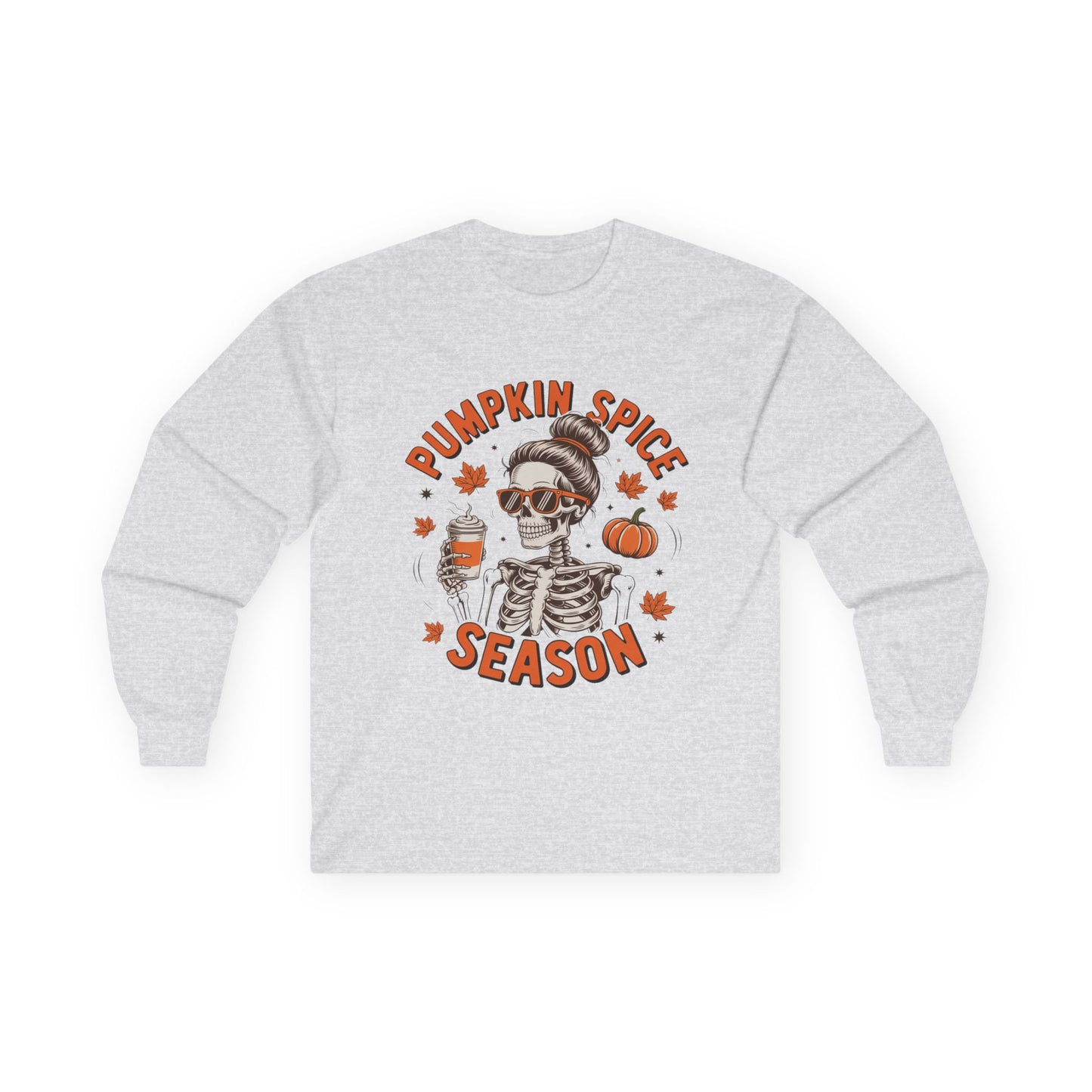 Pumpkin Spice Long Sleeve Tee, Halloween Apparel, Fall Fashion, Cozy Tee, Skeleton Shirt, Gift for Pumpkin Lovers
