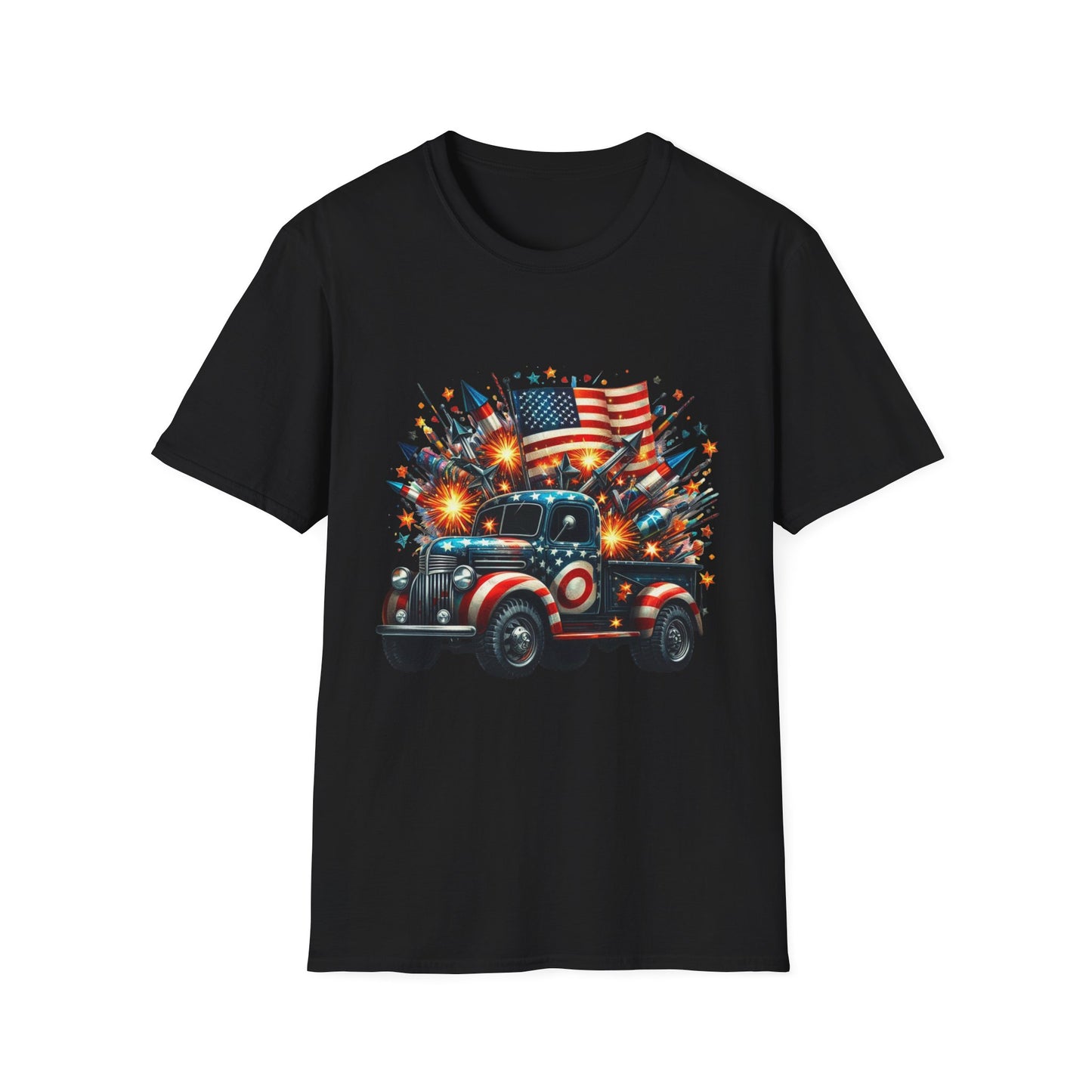 Vintage American Flag Truck T-Shirt - Unisex Softstyle Tee for Independence Day & Patriotic Celebrations