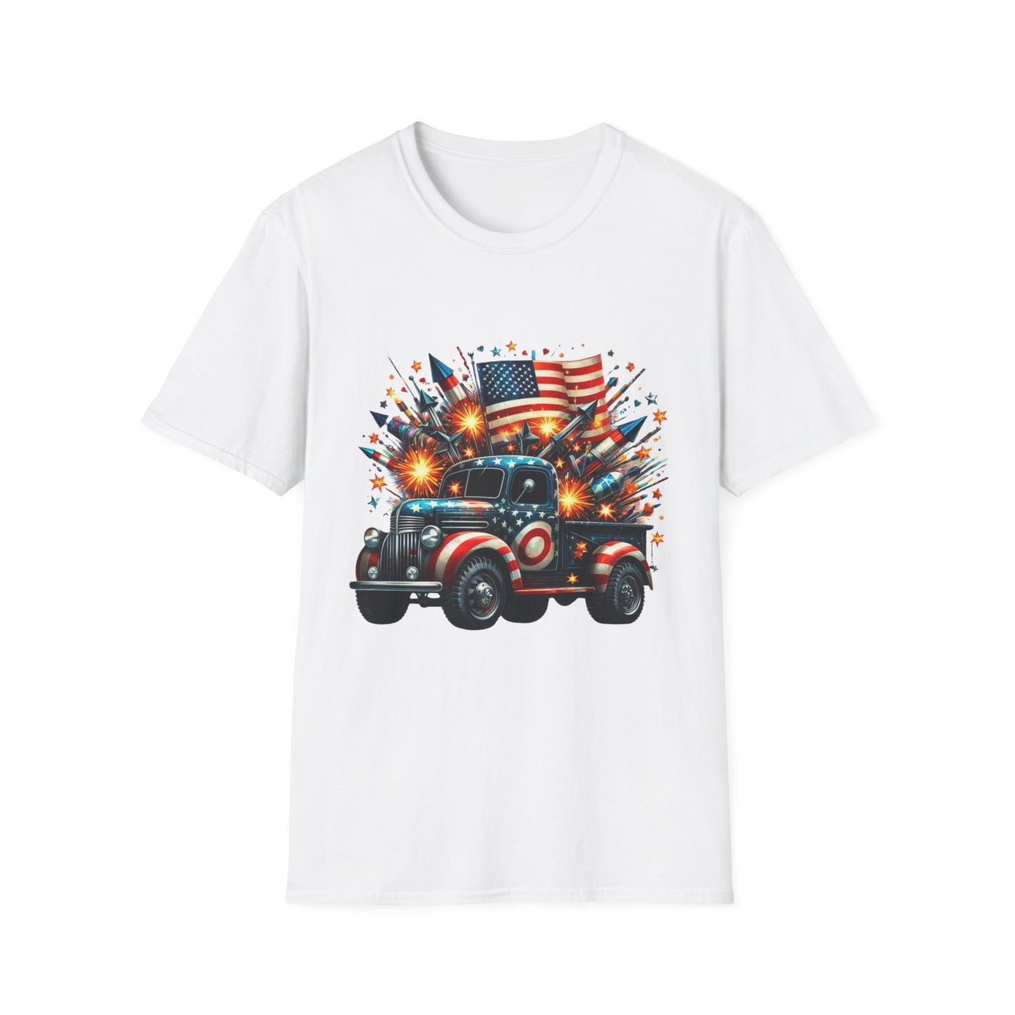 Vintage American Flag Truck T-Shirt - Unisex Softstyle Tee for Independence Day & Patriotic Celebrations