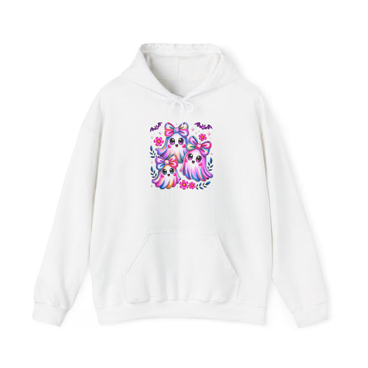 Colorful Cute Ghosts Hooded Sweatshirt, Comfy Hoodie, Fall Apparel, Halloween Costume, Cozy Sweater, Gift for Ghost Lovers