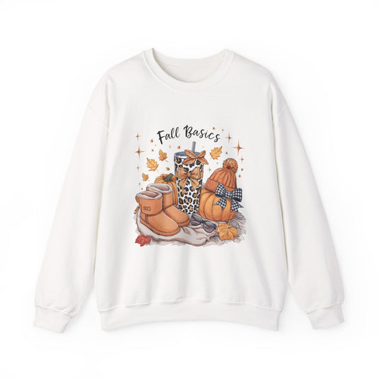 Cozy Fall Essentials Sweatshirt - Unisex Crewneck with Pumpkin & Boot Design, Autumn Gift, Casual Wear, Seasonal Apparel, Cozy Vibes