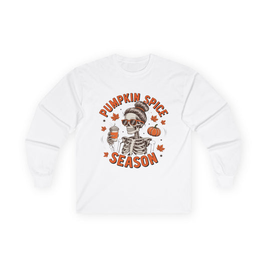 Pumpkin Spice Long Sleeve Tee, Halloween Apparel, Fall Fashion, Cozy Tee, Skeleton Shirt, Gift for Pumpkin Lovers