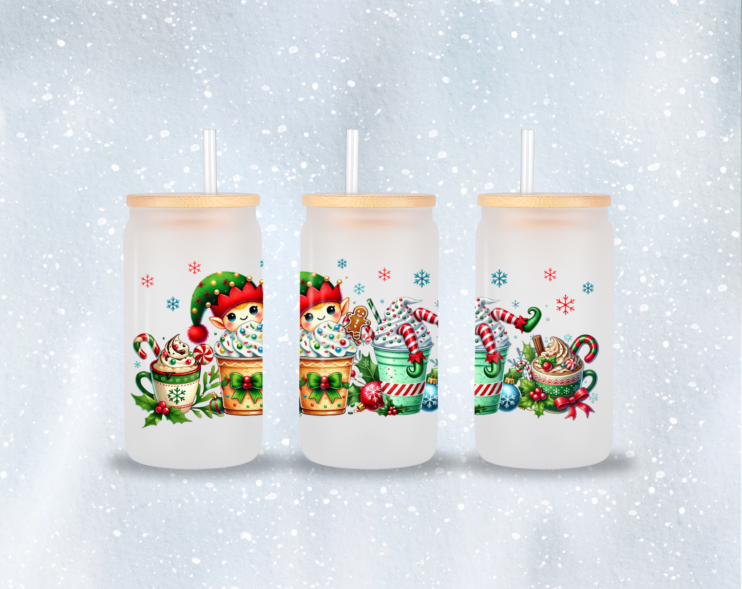 Christmas Winter Glass Can with Bamboo Lid and Straw