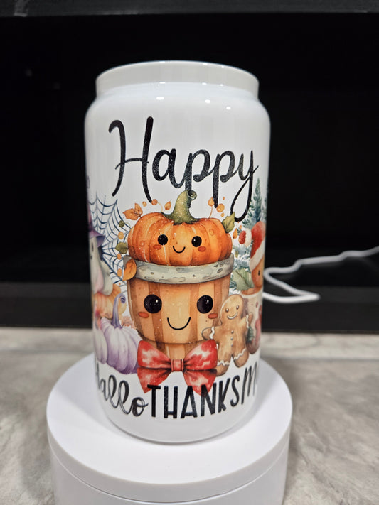 Happy Hallothanksmas 16oz White Glass Can